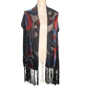 Chicos Silk Blend Sheer Burnout Velvet Fringe Scarf Beaded Abstract Wearable Art